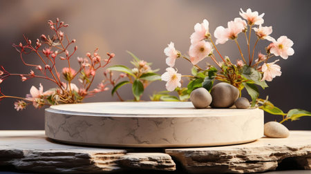 podium product stand or display with flowers, blur background and cinematic lightの素材