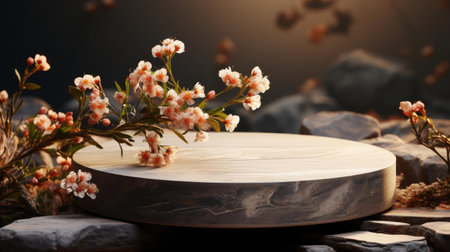 podium product stand or display with flowers, blur background and cinematic lightの素材