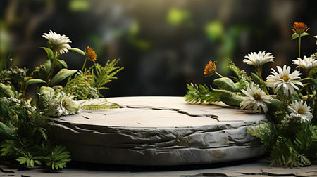 podium product stand or display with flowers, blur background and cinematic lightの素材