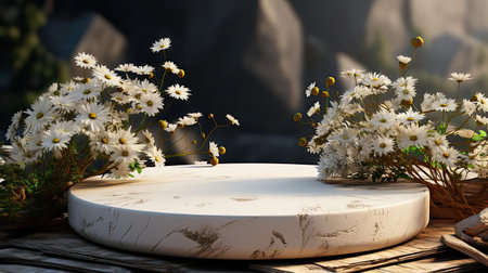 podium product stand or display with flowers, blur background and cinematic lightの素材