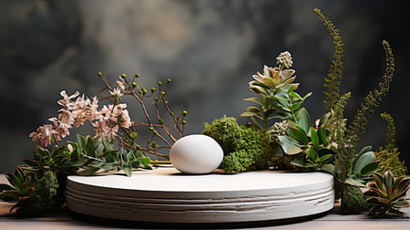 podium product stand or display with flowers, blur background and cinematic lightの素材