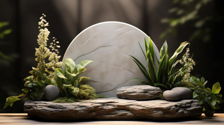 podium product stand or display with flowers, blur background and cinematic lightの素材