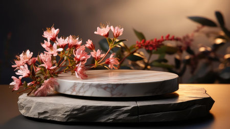 podium product stand or display with flowers, blur background and cinematic lightの素材