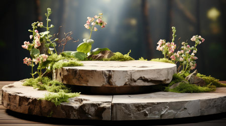 podium product stand or display with flowers, blur background and cinematic lightの素材