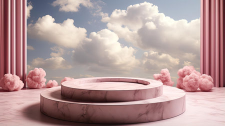 3d circle rock podium product stand or display with sky and cloud background and cinematic lightの素材