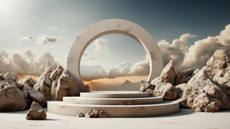 3d circle rock podium product stand or display with sky and cloud background and cinematic lightの素材