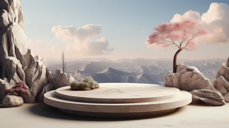 3d circle rock podium product stand or display with sky and cloud background and cinematic lightの素材
