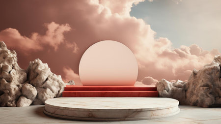 3d circle rock podium product stand or display with sky and cloud background and cinematic lightの素材