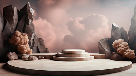 3d circle rock podium product stand or display with sky and cloud background and cinematic lightの素材