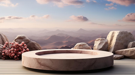 3d circle rock podium product stand or display with sky and cloud background and cinematic lightの素材