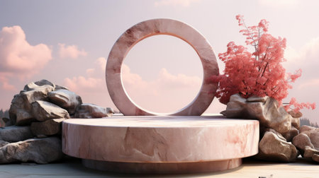 3d circle rock podium product stand or display with sky and cloud background and cinematic lightの素材