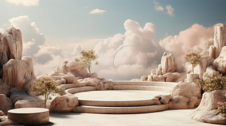 3d circle rock podium product stand or display with sky and cloud background and cinematic lightの素材