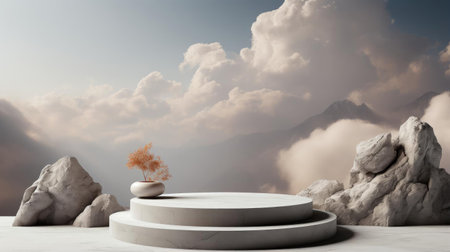 3d circle rock podium product stand or display with sky and cloud background and cinematic lightの素材