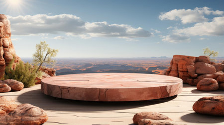3d circle rock podium product stand or display with sky and cloud background and cinematic lightの素材