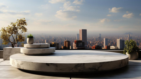 3d circle rock podium product stand or display with Sky and city background and cinematic light, front viewの素材