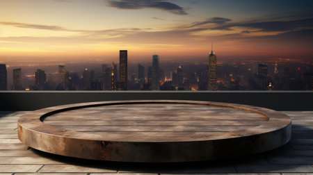 3d circle rock podium product stand or display with Sky and city background and cinematic light, front viewの素材