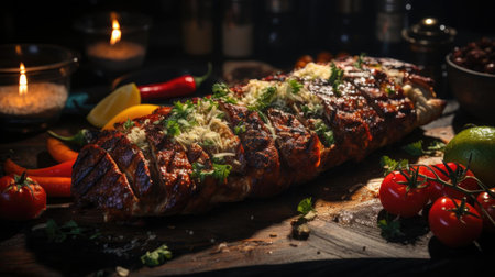 Delicious kebab full of meat and vegetables, black and blur backgroundの素材