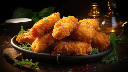 Buffalo wings with melted hot sauce on a wooden table with a blurred backgroundの素材