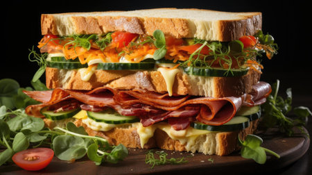Delicious sandwich full of meat and vegetables, black and blur backgroundの素材