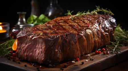 Grilled steak with melted barbeque sauce on a black and blurry backgroundの素材