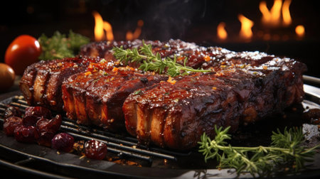 Realistic grilled barbeque with melted barbeque sauce and cut vegetables, black and blur backgroundの素材