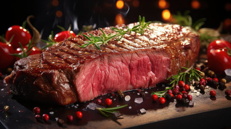 Grilled steak with melted barbeque sauce on a black and blurry backgroundの素材