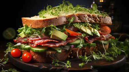Delicious sandwich full of meat and vegetables, black and blur backgroundの素材