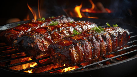 Realistic grilled barbeque with melted barbeque sauce and cut vegetables, black and blur backgroundの素材