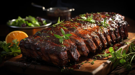 Realistic grilled barbeque with melted barbeque sauce and cut vegetables, black and blur backgroundの素材