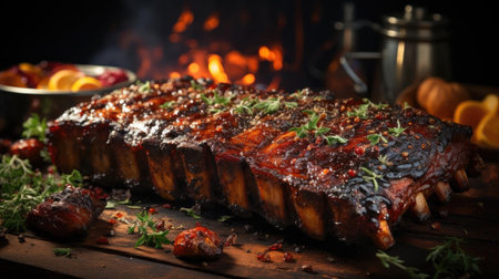 Realistic grilled barbeque with melted barbeque sauce and cut vegetables, black and blur backgroundの素材