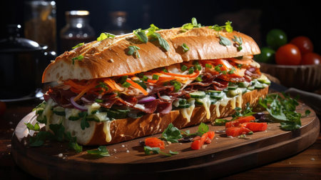 Delicious sandwich full of meat and vegetables, black and blur backgroundの素材