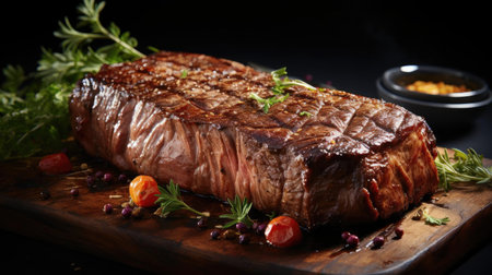 Grilled steak with melted barbeque sauce on a black and blurry backgroundの素材
