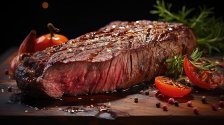 Grilled steak with melted barbeque sauce on a black and blurry backgroundの素材