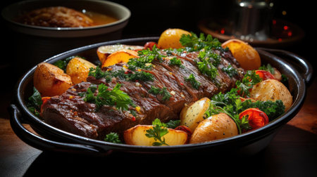 delicious pot roast meat with black and blur backgroundの素材