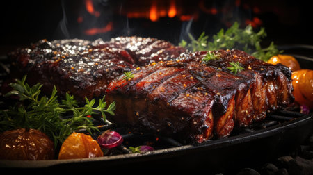 Realistic grilled barbeque with melted barbeque sauce and cut vegetables, black and blur backgroundの素材