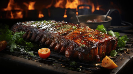 Realistic grilled barbeque with melted barbeque sauce and cut vegetables, black and blur backgroundの素材