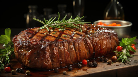 Grilled steak with melted barbeque sauce on a black and blurry backgroundの素材