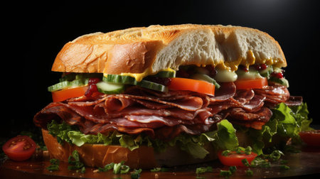 Delicious sandwich full of meat and vegetables, black and blur backgroundの素材