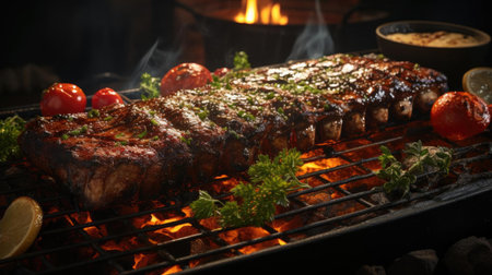 Realistic grilled barbeque with melted barbeque sauce and cut vegetables, black and blur backgroundの素材