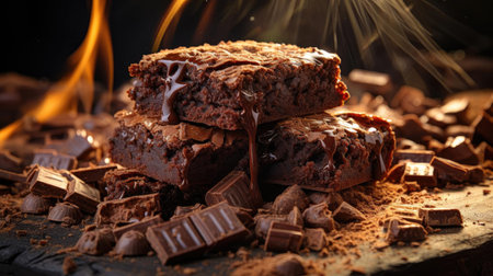 chocolate brownies filled with melted sweet chocolate on black background and blurの素材