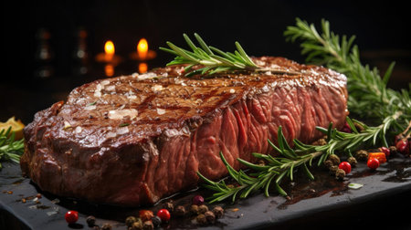 Grilled steak with melted barbeque sauce on a black and blurry backgroundの素材