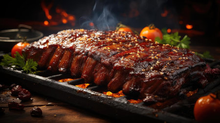 Realistic grilled barbeque with melted barbeque sauce and cut vegetables, black and blur backgroundの素材