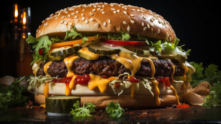 hamburger full of meat and vegetables and melted mayonnaise on a wooden table and blurred backgroundの素材