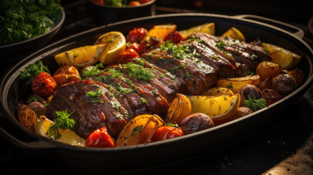 delicious pot roast meat with black and blur backgroundの素材