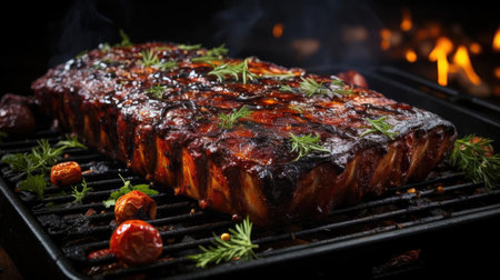 Realistic grilled barbeque with melted barbeque sauce and cut vegetables, black and blur backgroundの素材