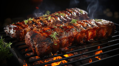 Realistic grilled barbeque with melted barbeque sauce and cut vegetables, black and blur backgroundの素材