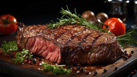 Grilled steak with melted barbeque sauce on a black and blurry backgroundの素材