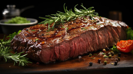 Grilled steak with melted barbeque sauce on a black and blurry backgroundの素材