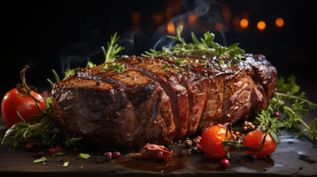 Grilled steak with melted barbeque sauce on a black and blurry backgroundの素材