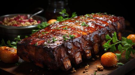 Realistic grilled barbeque with melted barbeque sauce and cut vegetables, black and blur backgroundの素材
